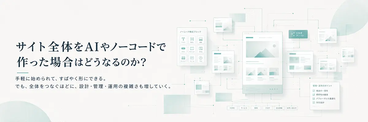 Webサイト全体をAIやノーコードで作った場合はどうなるのか？ 手軽に始められて素早く形に出来る。でも全体をつなぐほどに、設計・管理・運用の複雑さも増していく。